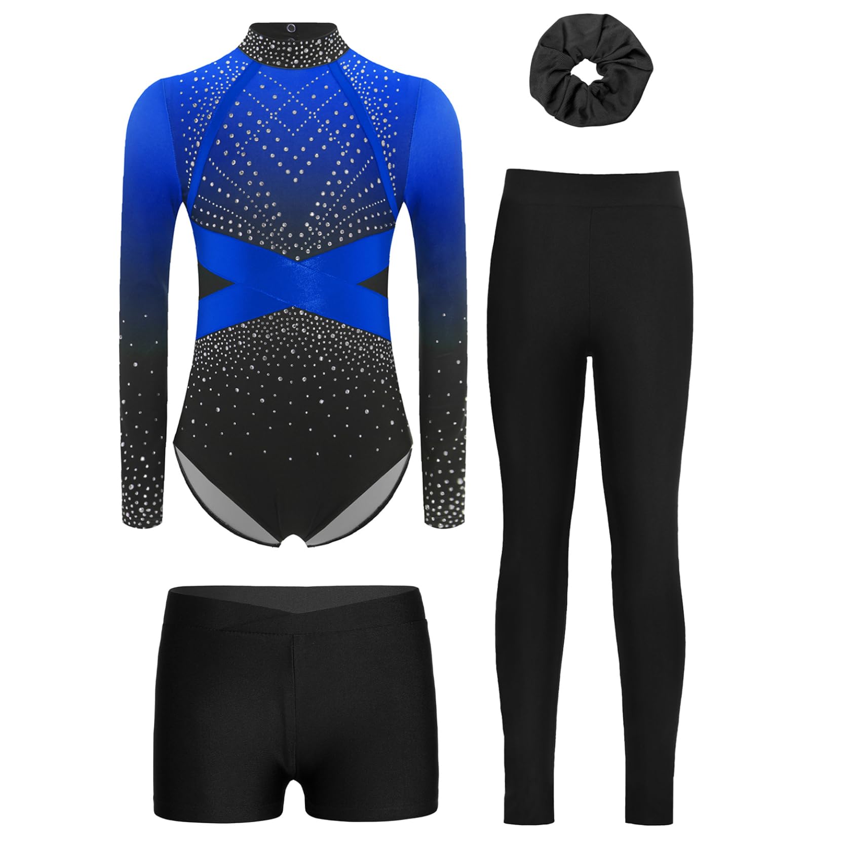 Mädchen Turnanzug Strass Körperanzug Langärmelig Leotard Mit Leggings Und Shorts Wettkampfanzug