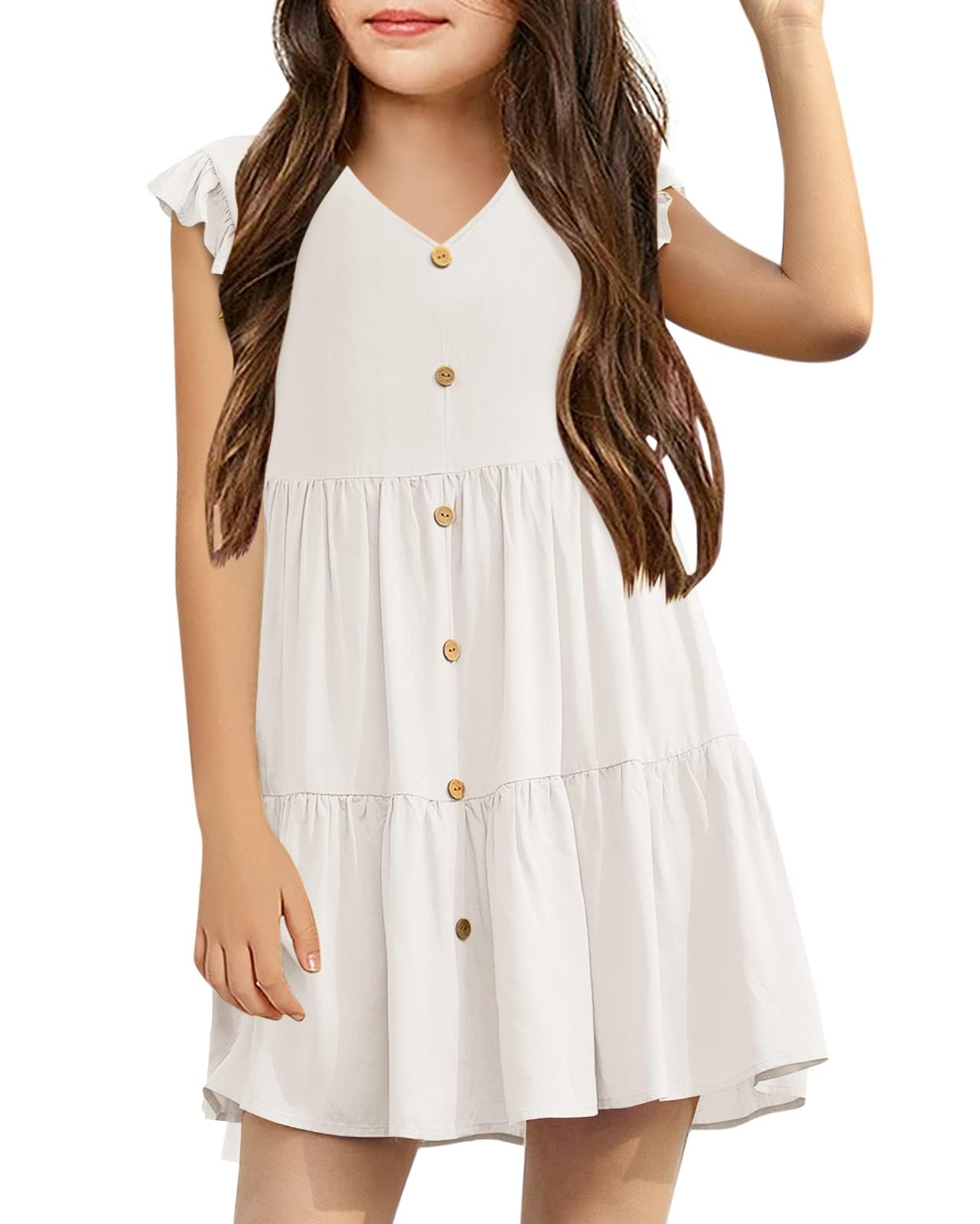 Haloumoning Vestido de verano para niña con mangas fruncidas, elegante, vestido de fiesta, cuello en V, vestido informal