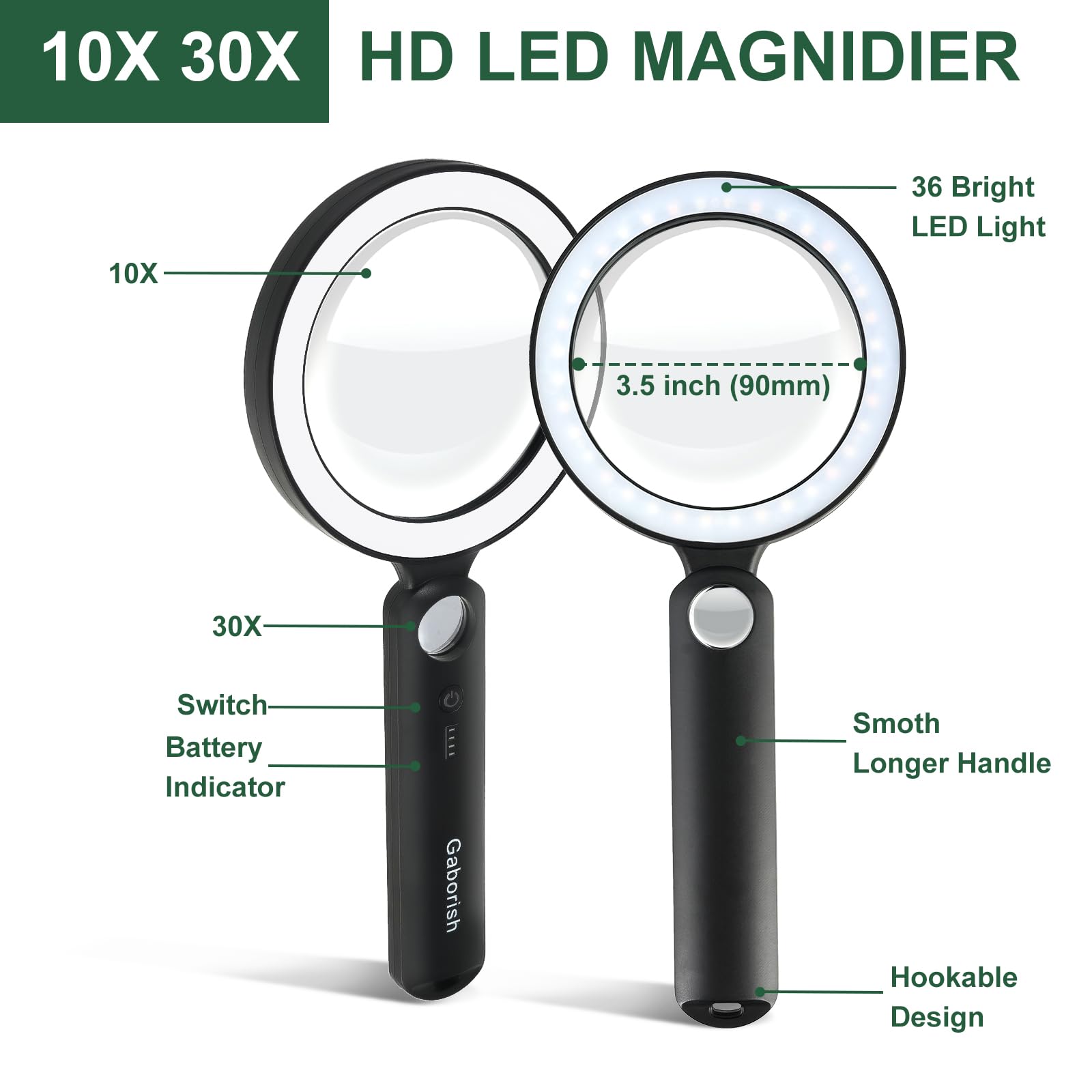 GABORISH Large Magnifying Glass with Light, 10X 30X Magnifying Glasses for Reading with 36 LED & 5 Modes - Image 4