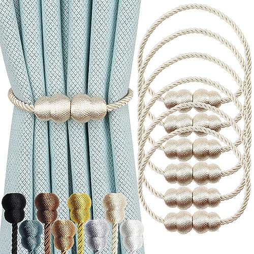 Hangtty Magnetic Curtain Tiebacks 6 Pack Rope Decorative Curtain Tie Backs Elegant Curtain Holders for Drapes Outdoor Window Treatment Holdbacks Beige