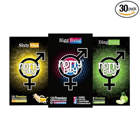 NOTTY BOY Green Apple Flavoured, Extra Thin Banana Flavour And 4IN1 (Ribbed Dotted Contour Climax Delay) Condoms For Men And Women ? 30 Count