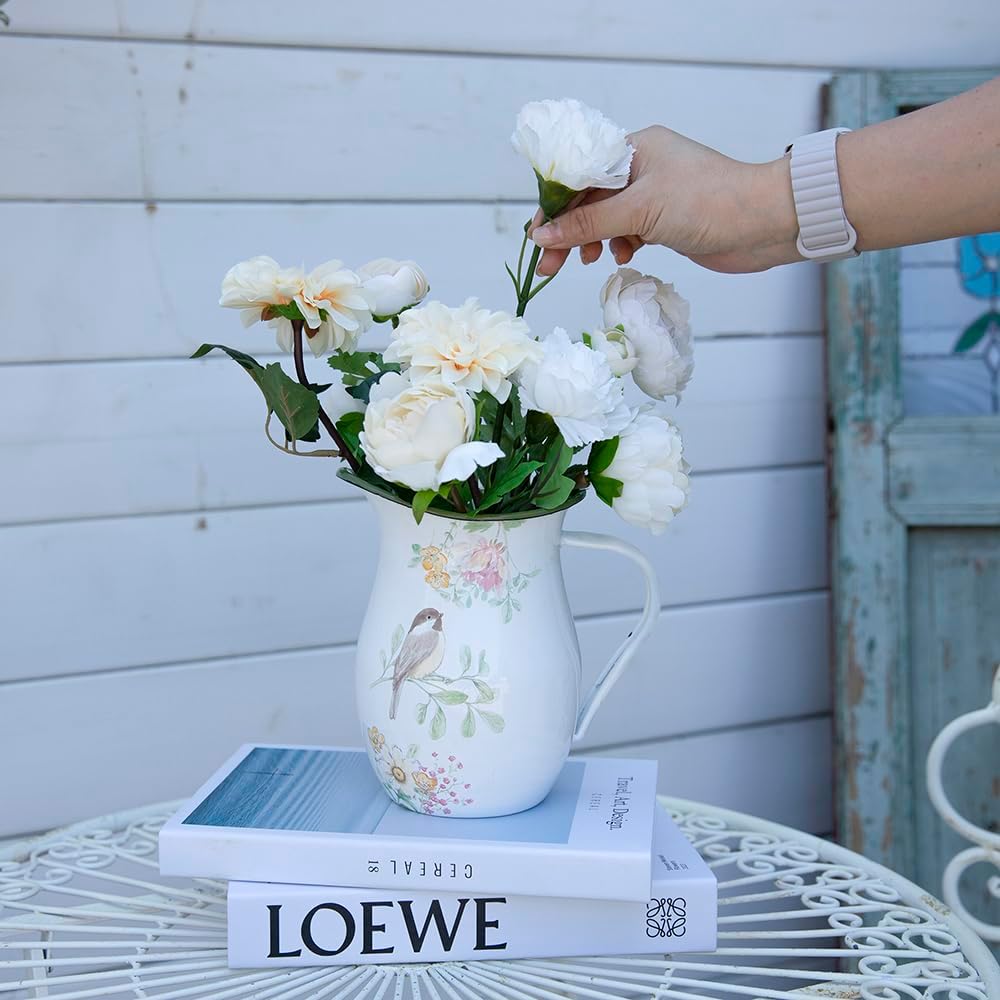 Enamel Vintage Pitcher Vase for Flowers,7.9" L x 5.3" W x 7.5" H Rustic Pitcher Vase,Farmhouse Decor for Kitchen Table Centerpiece,Living Room,Bedroom (Yellow)