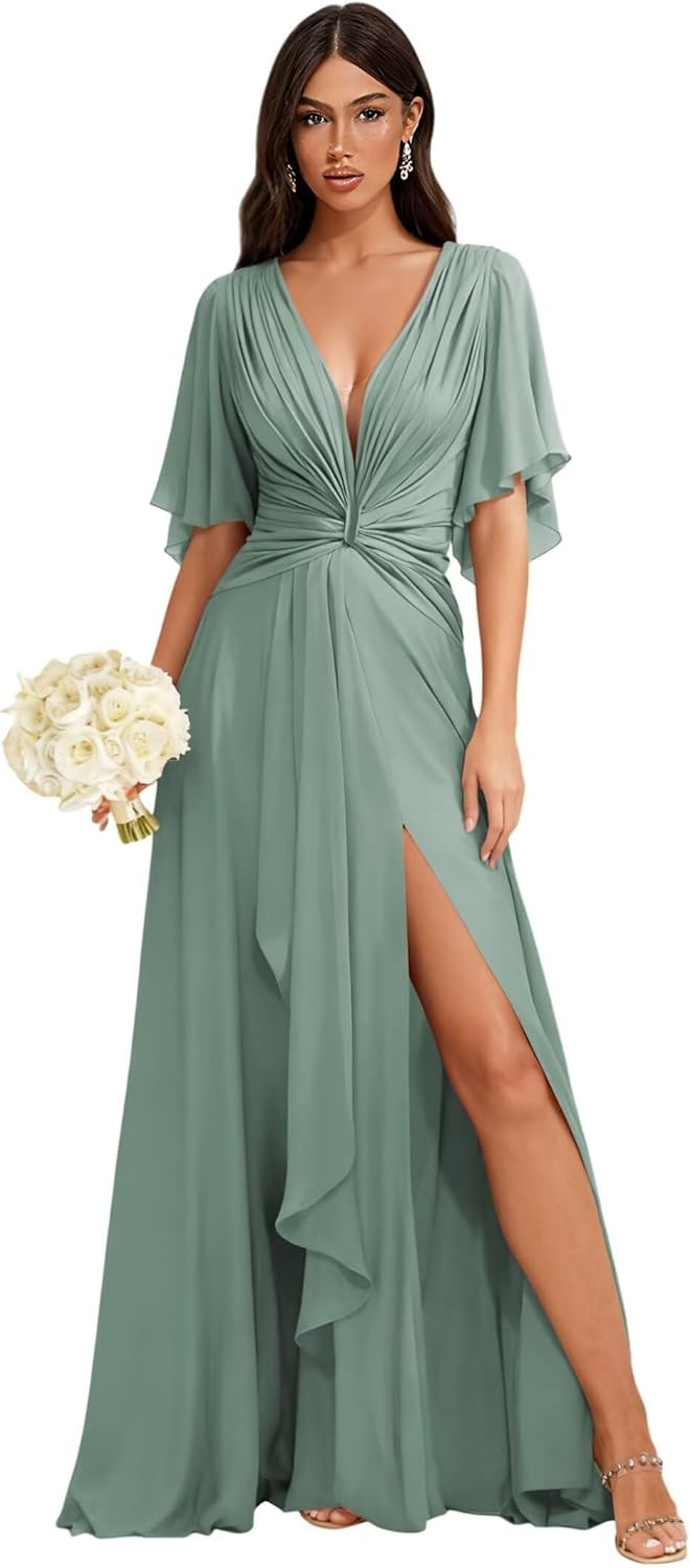 Women's V Neck Chiffon Bridesmaid Dress with Sleeves Formal Evening Dresses with Sl...