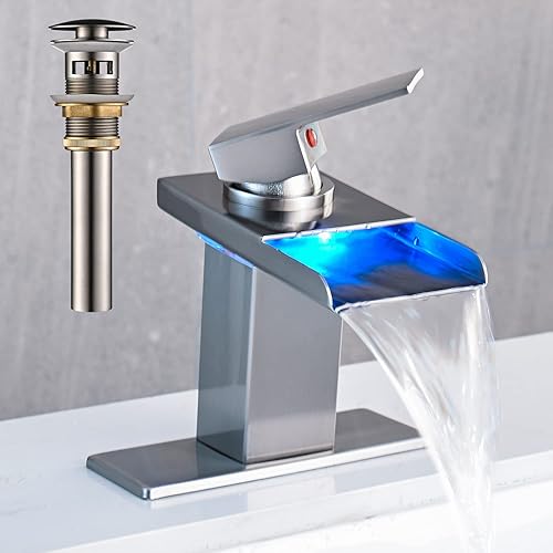 Grifo LED para fregadero de baño, grifo de lavabo de cascada de níquel cepillado de un solo agujero con drenaje desplegable de metal y 2 líneas de