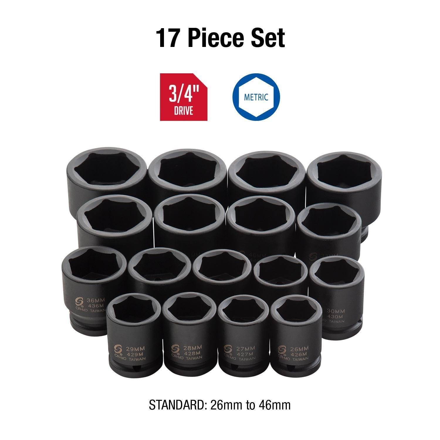 SUNEX TOOLS 4684, 3/4 Inch Drive Heavy Duty Impact Socket Set, 17-Piece, Metric, 26mm-46mm, Cr-Mo Alloy Steel, Radius Corner Design, Dual Size Markings, Heavy Duty Storage Case