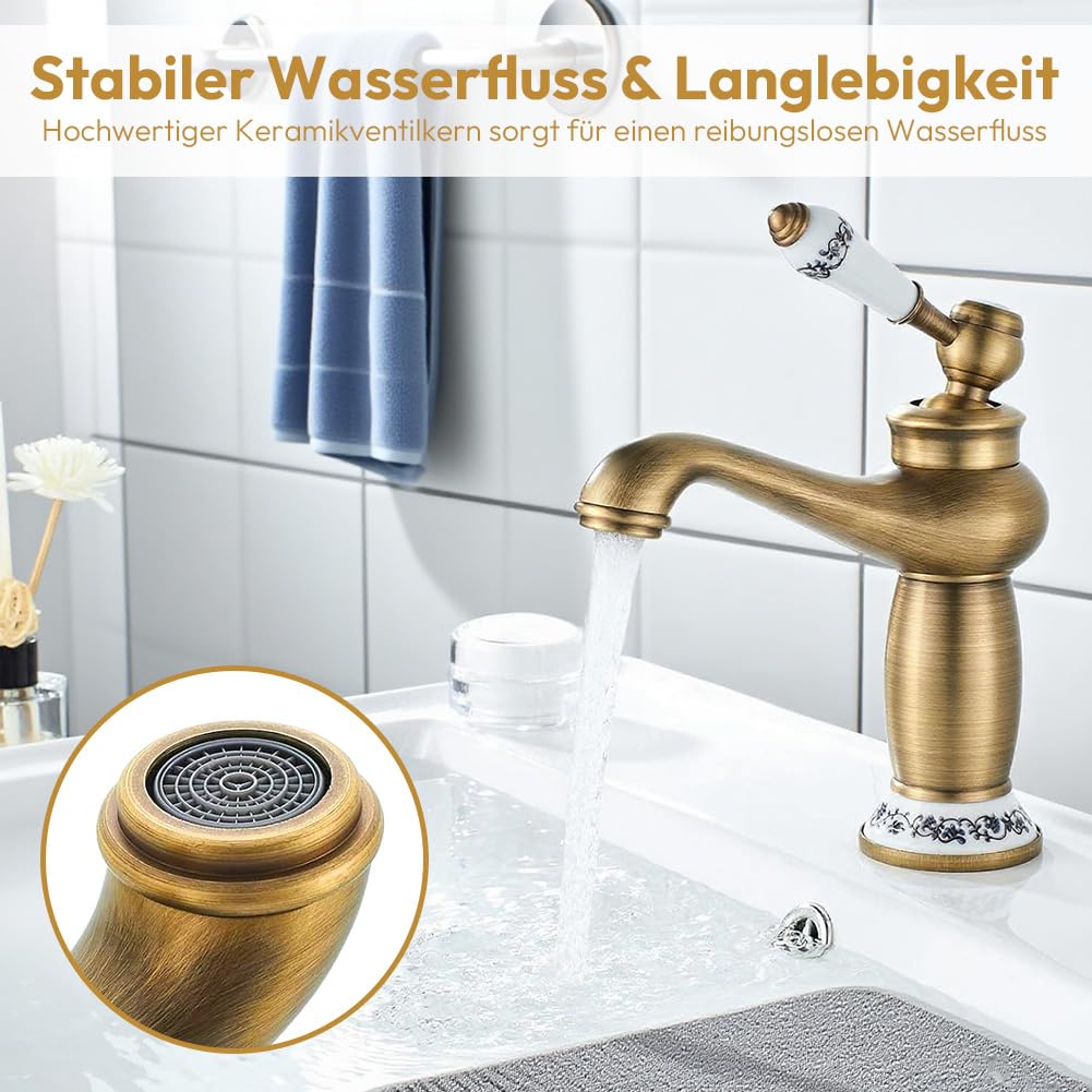 Rubinetto retrò in bronzo, rubinetto da bagno alto, miscelatore monocomando per bagno, miscelatore in ottone antico, miscelatore per lavandino per bagno e rubinetto per lavandino con acqua calda e