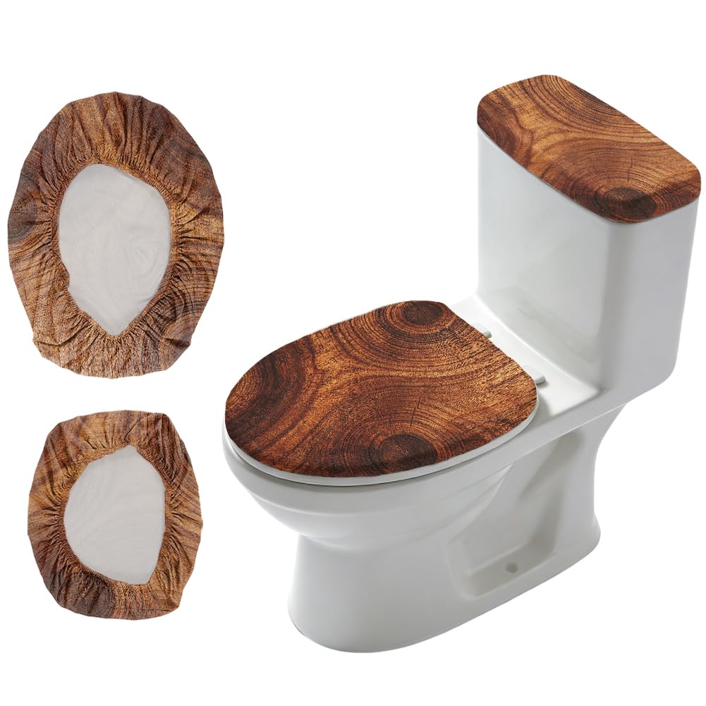 CRAFTYMELODY 2Pcs Wood Grain Toilet Lid Cover and Tank Cover Set Rustic Stretch Cover Sets Cherry Toilet Seat Covers Fabric Sets Machine Wash Fits Round Elongated Oblong for Bathroom Replacement