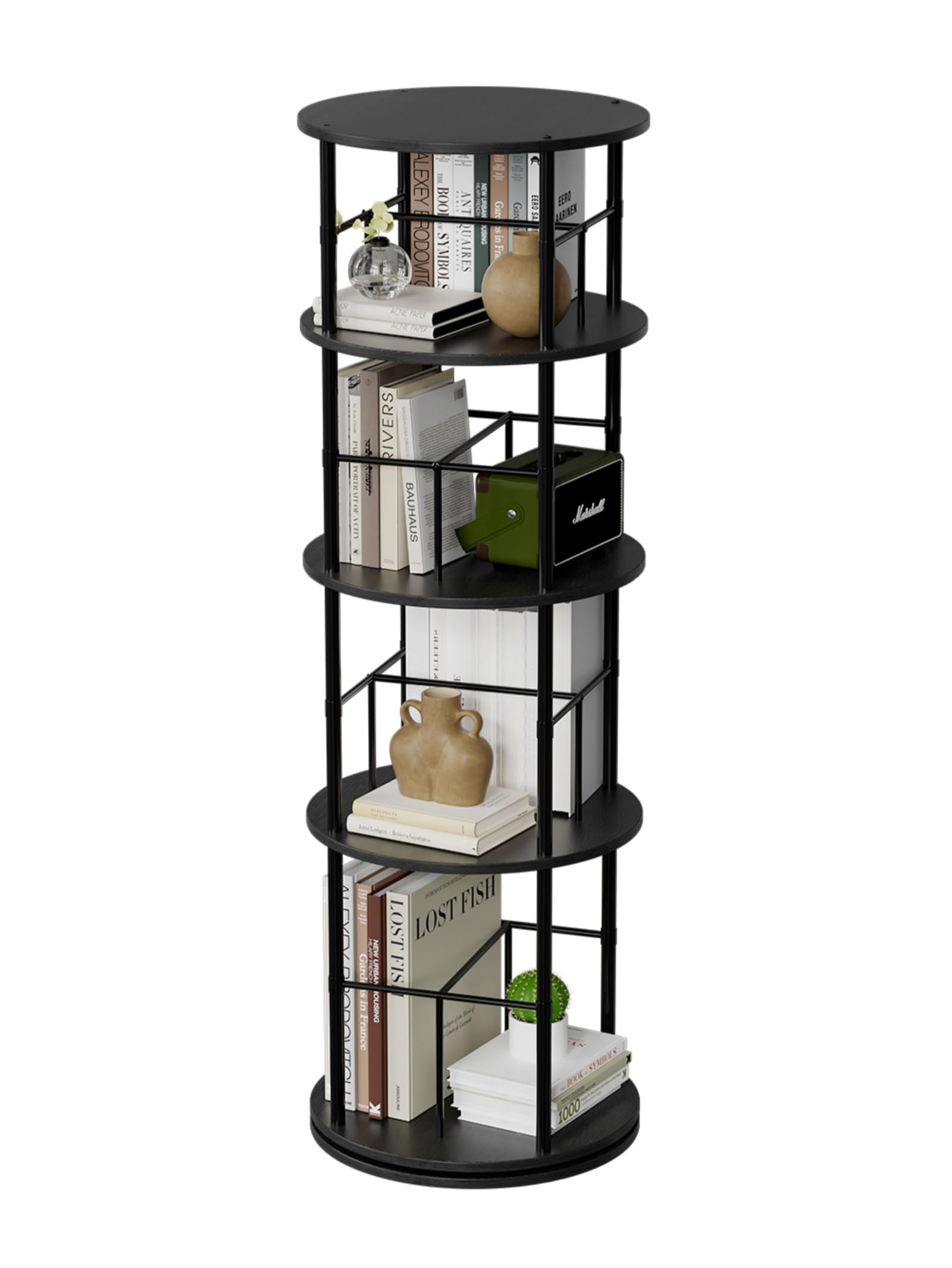 Rotating Bookshelf Tower 4 Tier Corner Small Bookshelf for Small Space 360 Display Spinning Bookcase Floor Standing Book Shelf Storage Rack Round Book Shelves Organizer for Bedroom Living Room