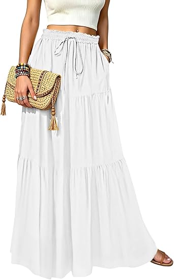Womens Maxi Skirt Casual High Waist Tie Long Flowy Skirt A-Line Swing Dress with Pockets for 2026 Trendy
