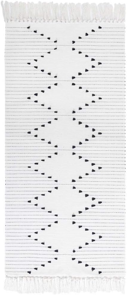 Boho Kitchen Rug Runner Cotton Woven, Washable Bathroom Bedroom Flatweave Moroccan Small Rug with Tassel, Accent Neutral Farmhouse Carpet for Entryway Door Mat, (Off White, 2'x4.3')