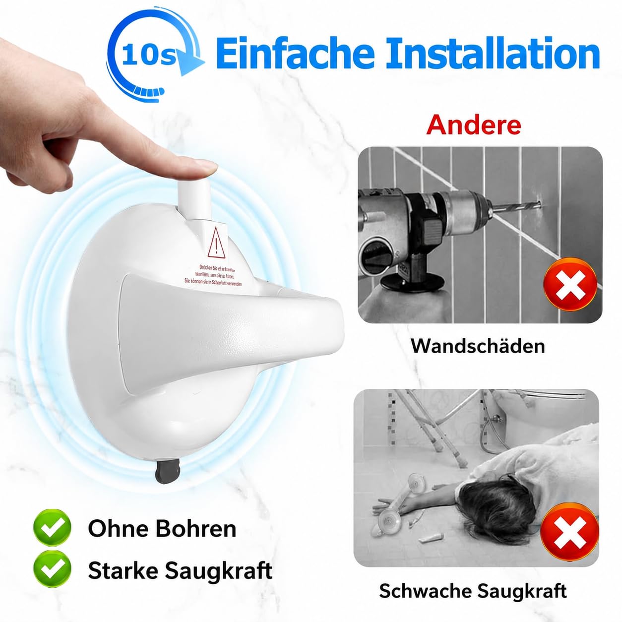 Verbesserter Dusch-Haltegriff, Haltegriffe für Badewannen und Duschen, 190 kg, extra starker Saugnapf-Duschgriff, Sicherheits-Stabilität, Handicap-Haltegriffe, Duschgriffe für ältere (HB-2P)