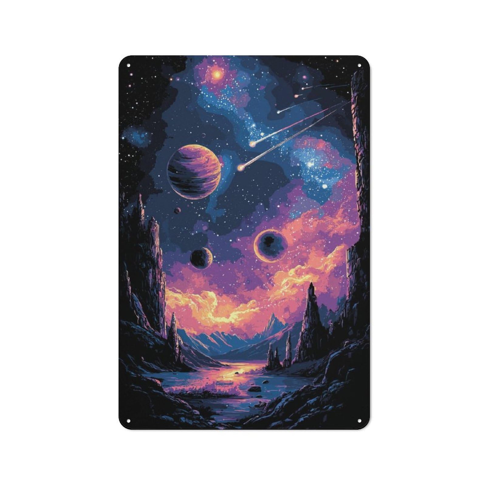 Junmoney Pixelated Space Landscape Vintage Tin Sign 30X20cm With For Studio Or Craft Room, For Garage, Workshop And Man Cave Decoration