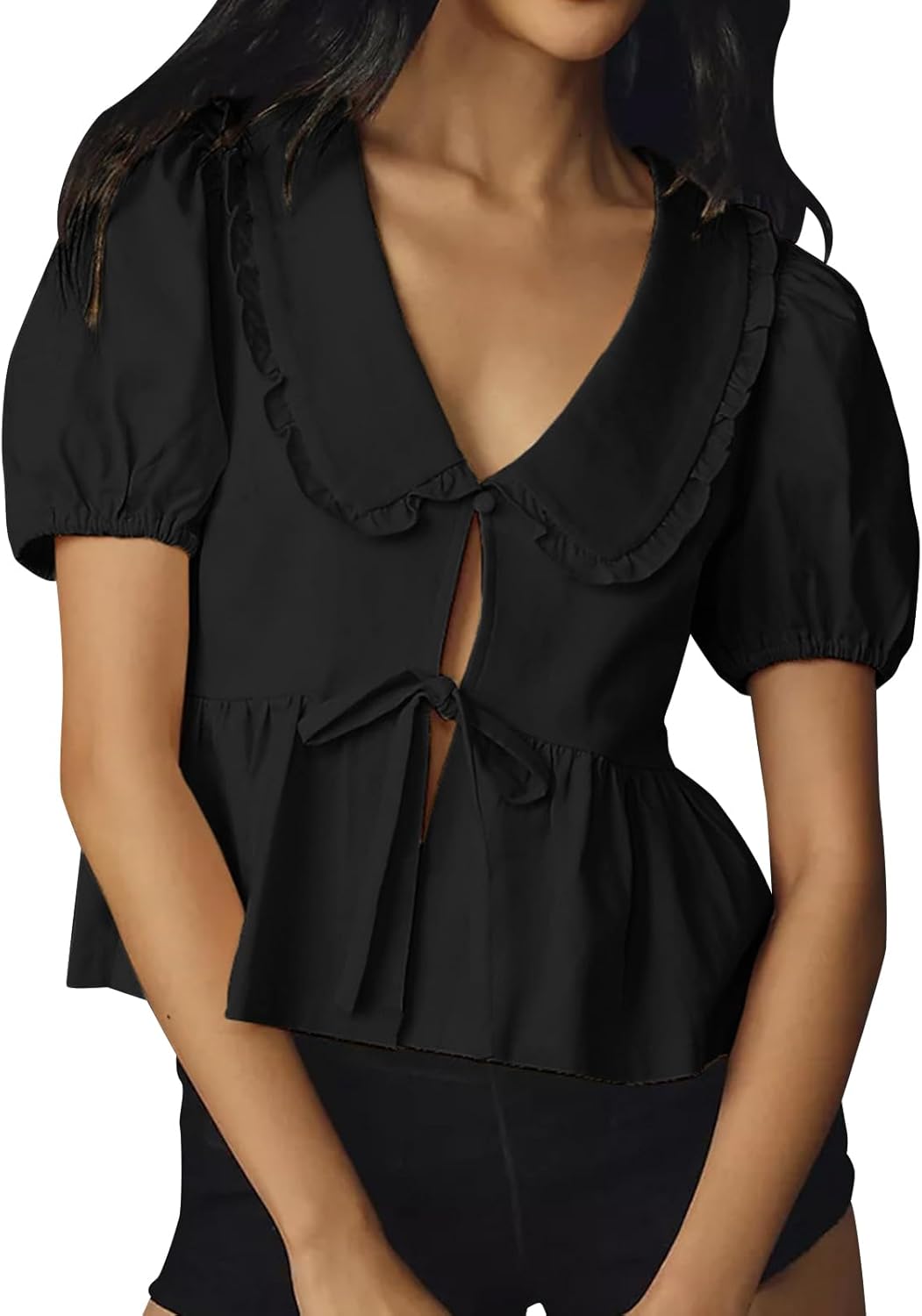 Womens Peter Pan Collar Blouse Babydoll Shirt 2025 Puff Short Sleeve Tie Front Peplum Blouse Going Out Tops