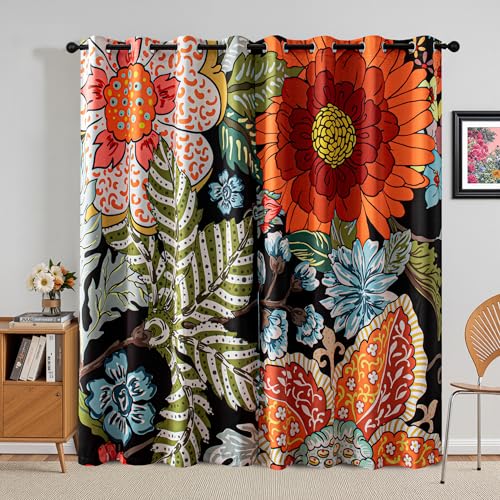 Image of MYSKY HOME Black Boho Floral Blackout Curtains & Drapes for Bedroom 63 inch Long Black Out Curtain with Botanical Leaf Design for Living Room Thermal Insulated Room Darkening Drape, Pack-2, 52Wx 63L
