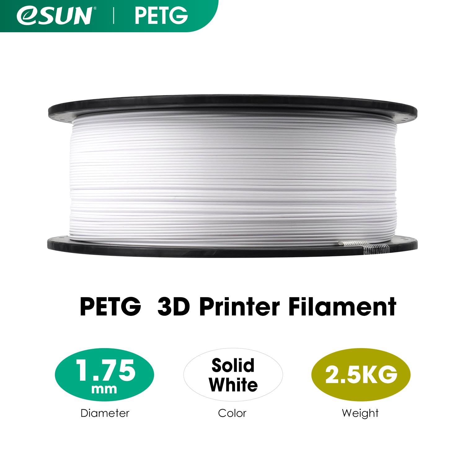 eSUN Filamento PETG 1,75 mm, filamento per stampante 3D PETG, precisione di misurazione +/- 0,03 mm, bobina da 2,5KG di filamento per stampanti 3D, Bianco solido
