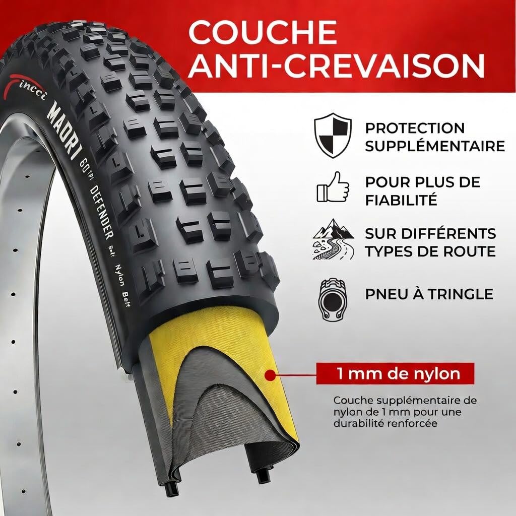 Fincci Pneus VTT 29 Pouces 29x2.25 Pliables Kevlar 60 TPI Protection Anti-Crevaison LVL3 1mm ETRTO 52-622 Noir pour XC, Trails Mixtes et Usage Intensif - Paire de 2