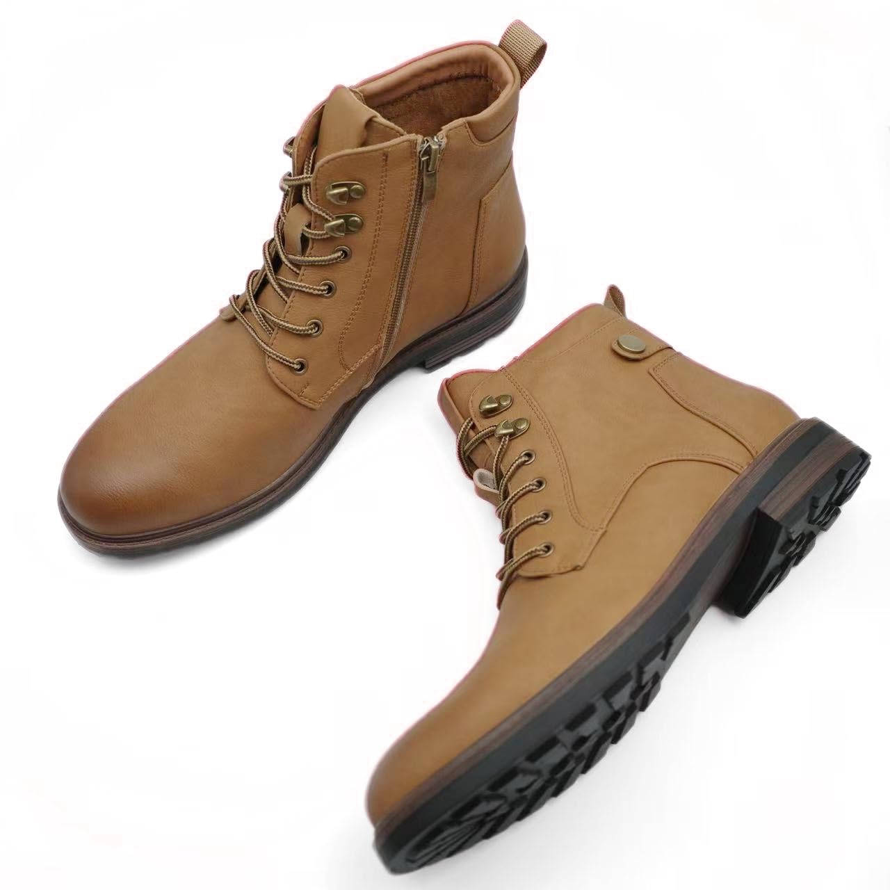 Finishing & Sewing Stivali da combattimento classici con lacci, in pelle marrone chiaro, stivali da lavoro in stile militare con occhielli in metallo, suola in gomma resistente