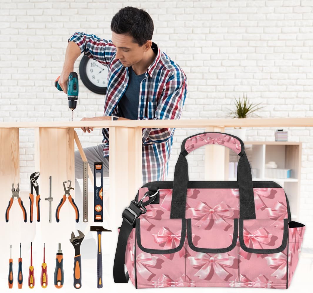 Pink Bow Heavy Duty Tool Bag 14.8 Inch Bow Print Portable Soft Tool Box Organizer Storage with Adjustable Shoulder Strap
