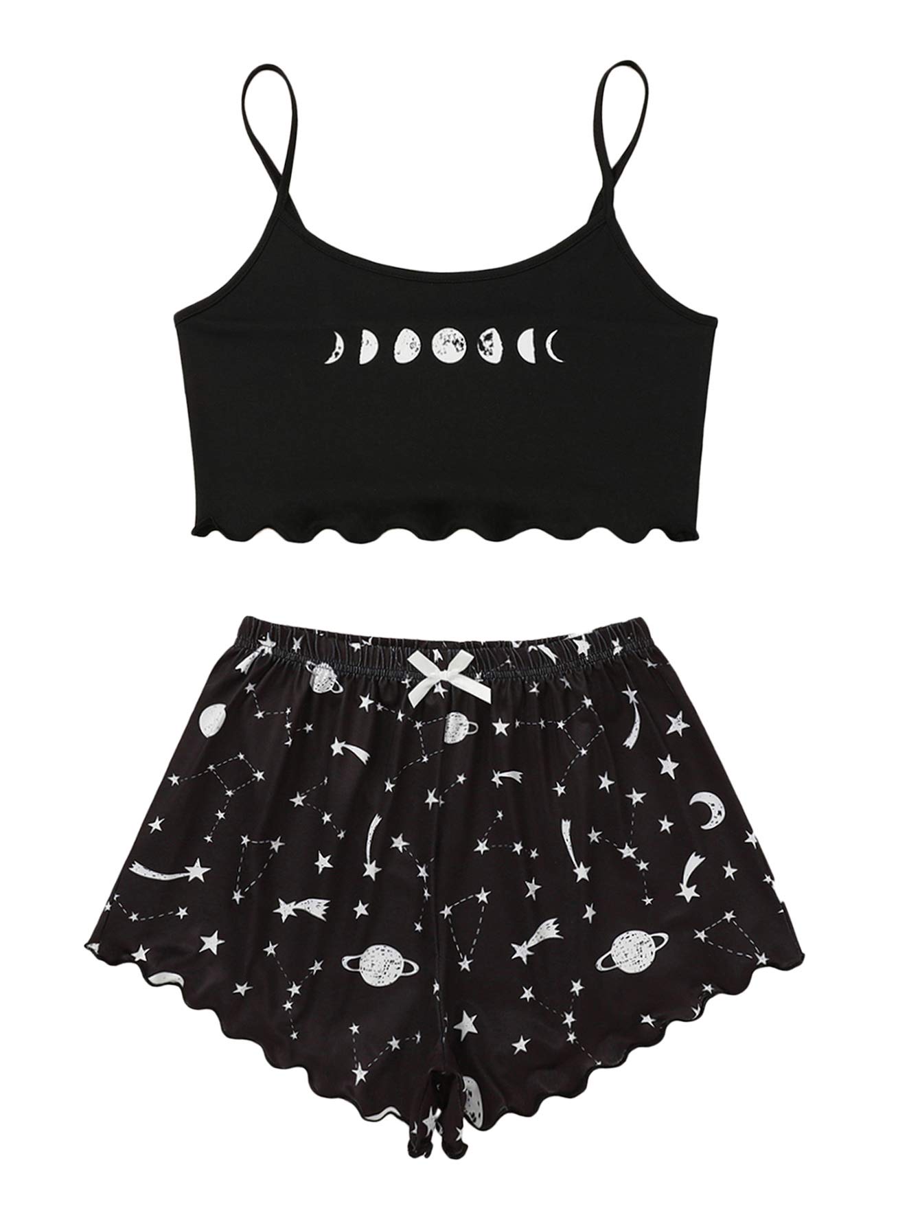 SOLY HUX Women's Cartoon Print Lettuce Trim Cami Top and Shorts Cute Pajama Set Sleepwear - Medium Black Star Moon
