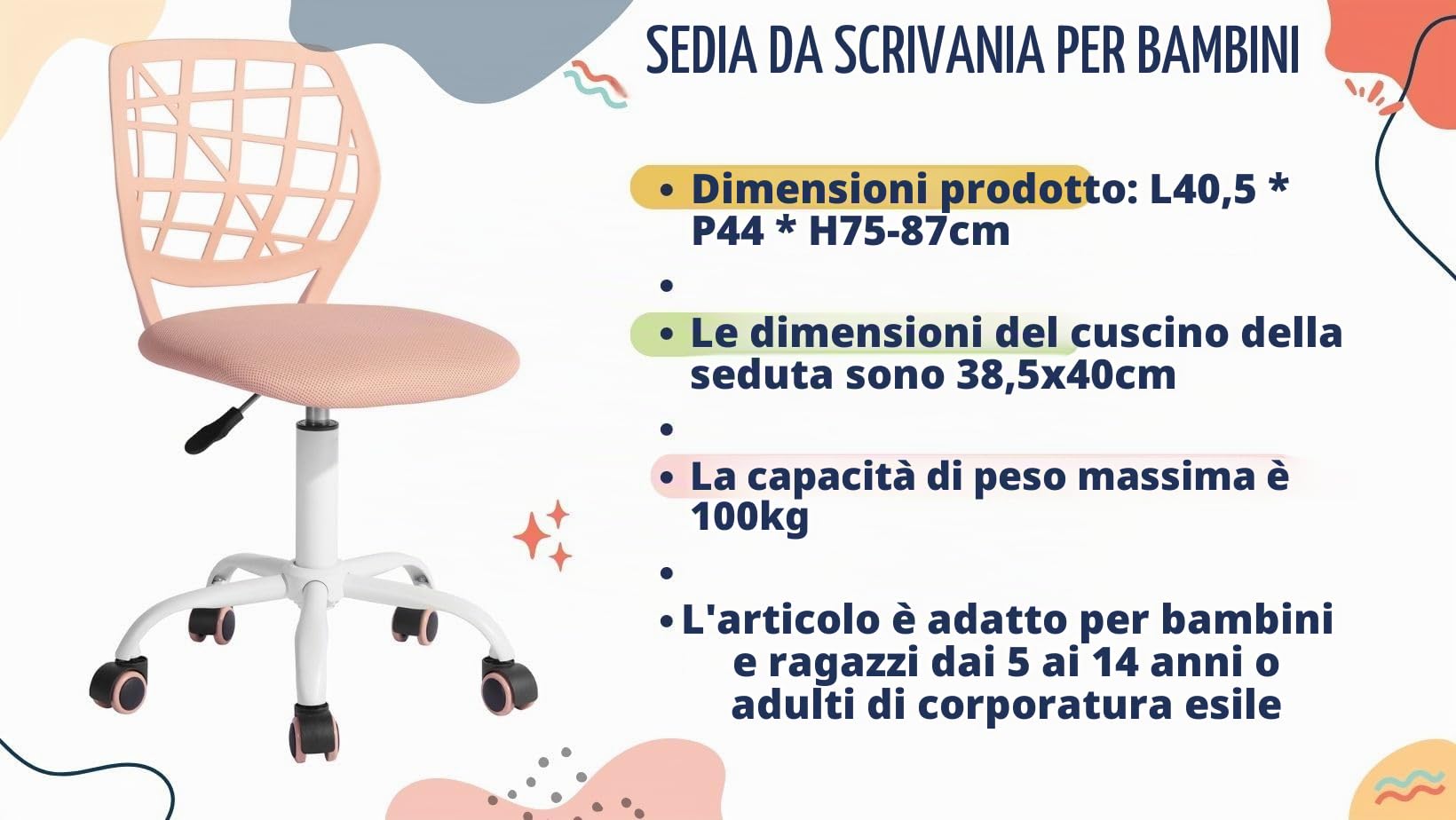 FurnitureR Sedia da ufficio a casa, seduta per computer moderna e regolabile, sedia da ufficio senza bracciolo girevole, sedia da ufficio per giovani, sala studio, rosa