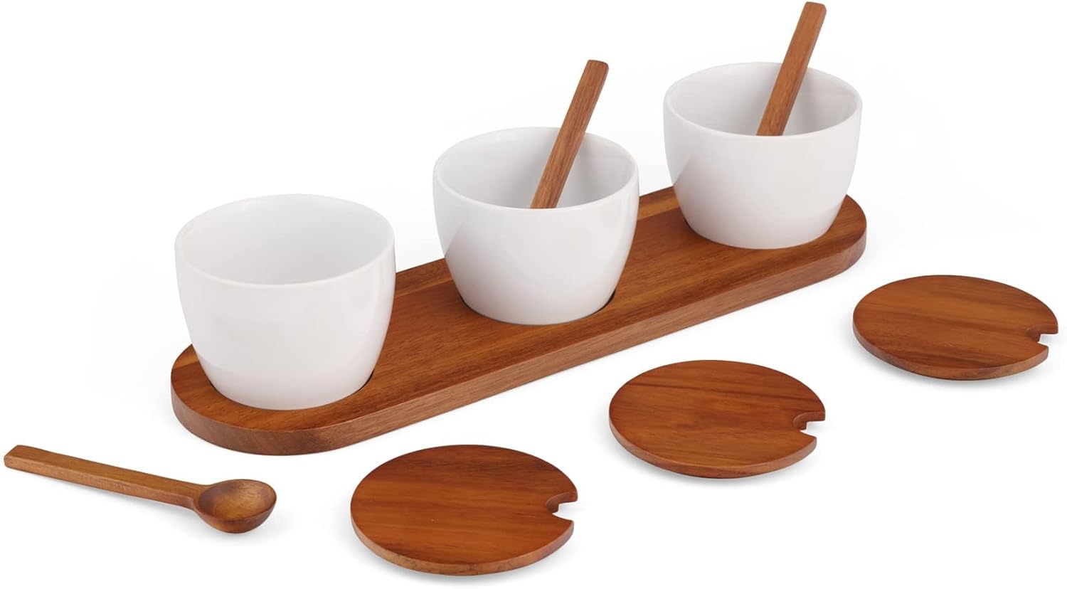 Nambé Duets Triple Condiment Server w/Lids & Spoons, 14” x 4” Acacia Wood Base with 3 Porcelain Bowls for Dips, Sauces, Nuts & Appetizers, Party, Snacks & Entertaining Serveware Set