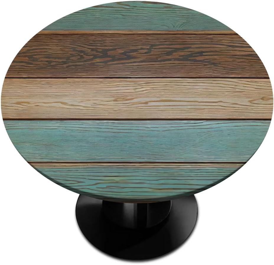 Pardick Wooden Texture Round Fitted Tablecloth with Elastic Edge 45"-56" Fitted Table Cloth for Round Table Circular Table Cover Waterproof Wipeable Round Elastic Table Cloth