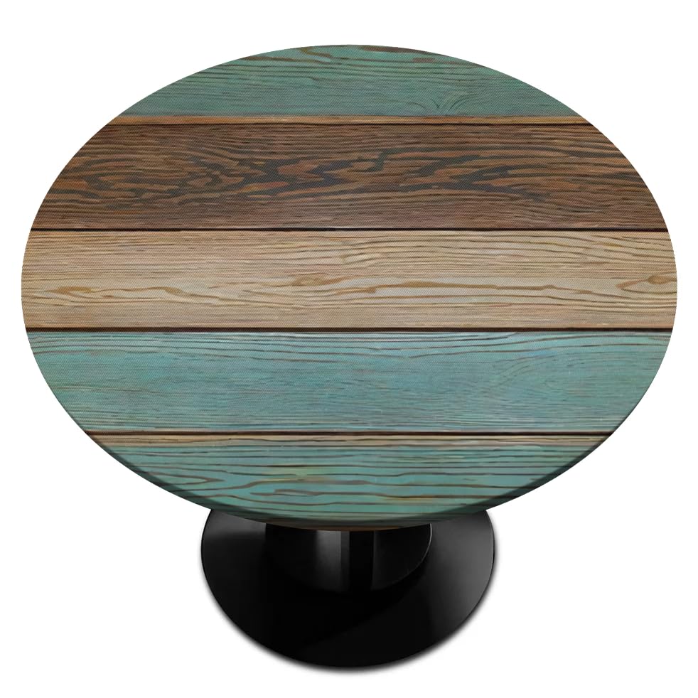 Pardick Wooden Texture Round Fitted Tablecloth with Elastic Edge 45"-56" Fitted Table Cloth for Round Table Circular Table Cover Waterproof Wipeable Round Elastic Table Cloth