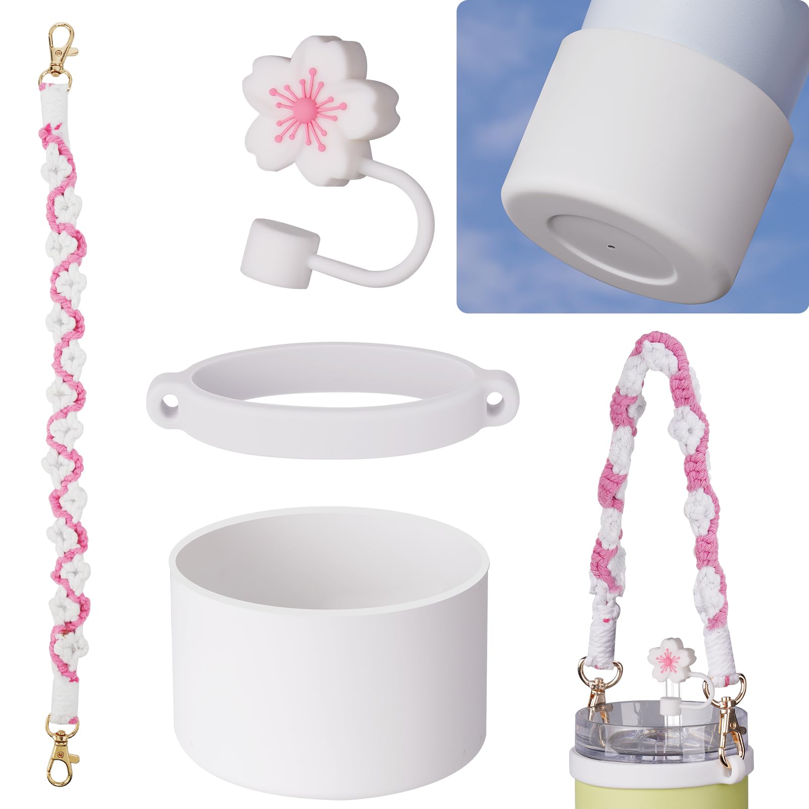 NiHome Accessory Kit for 14oz Stanley Tumbler, Includes Handwoven Handle Strap, Silicone Ring, Silicone Straw Cap and Silicone Boot for Everyday Use, Stylish Design with Enhanced Security (White)-image-36