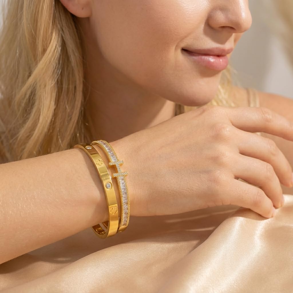 18K Gold H & Love Bangle Bracelets for Women, Stackable Cubic Zirconia H and Love Bracelet Set, Luxury Trendy Stack Jewelry Gift - Image 5