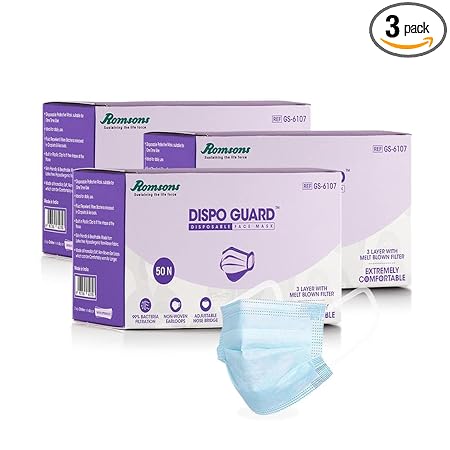 Romsons Dispo Guard 3 Ply Mask With Softest Ear Loops, 50Pcs/Pack (Pack of 3), 150 Pcs, Blue
