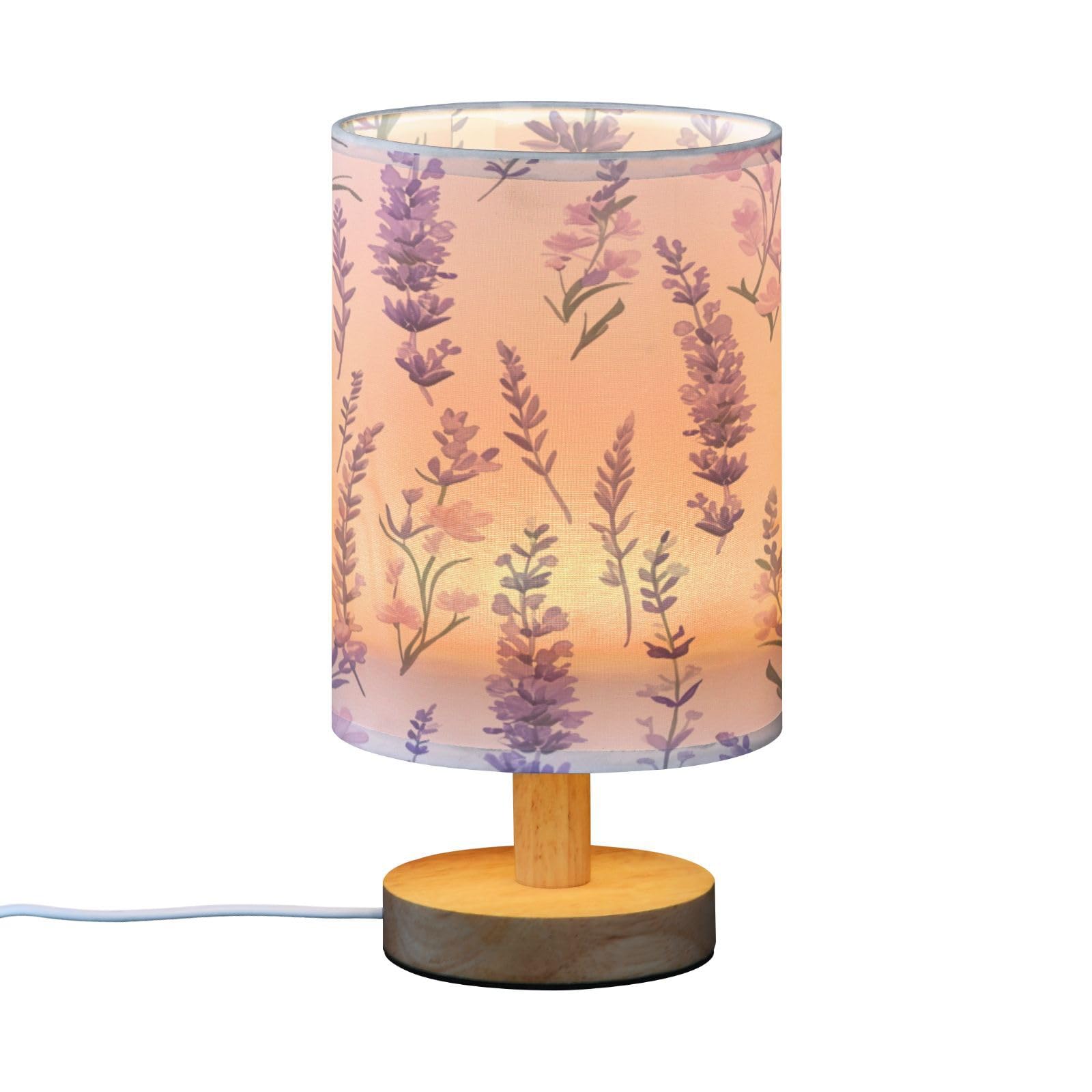 SDMKA Lavender Bouquet Bedside Table Lamp for Bedroom, Minimalist Nightstand Lamp with Round Fabric Shade for Living Room, Office, No Bulb Required