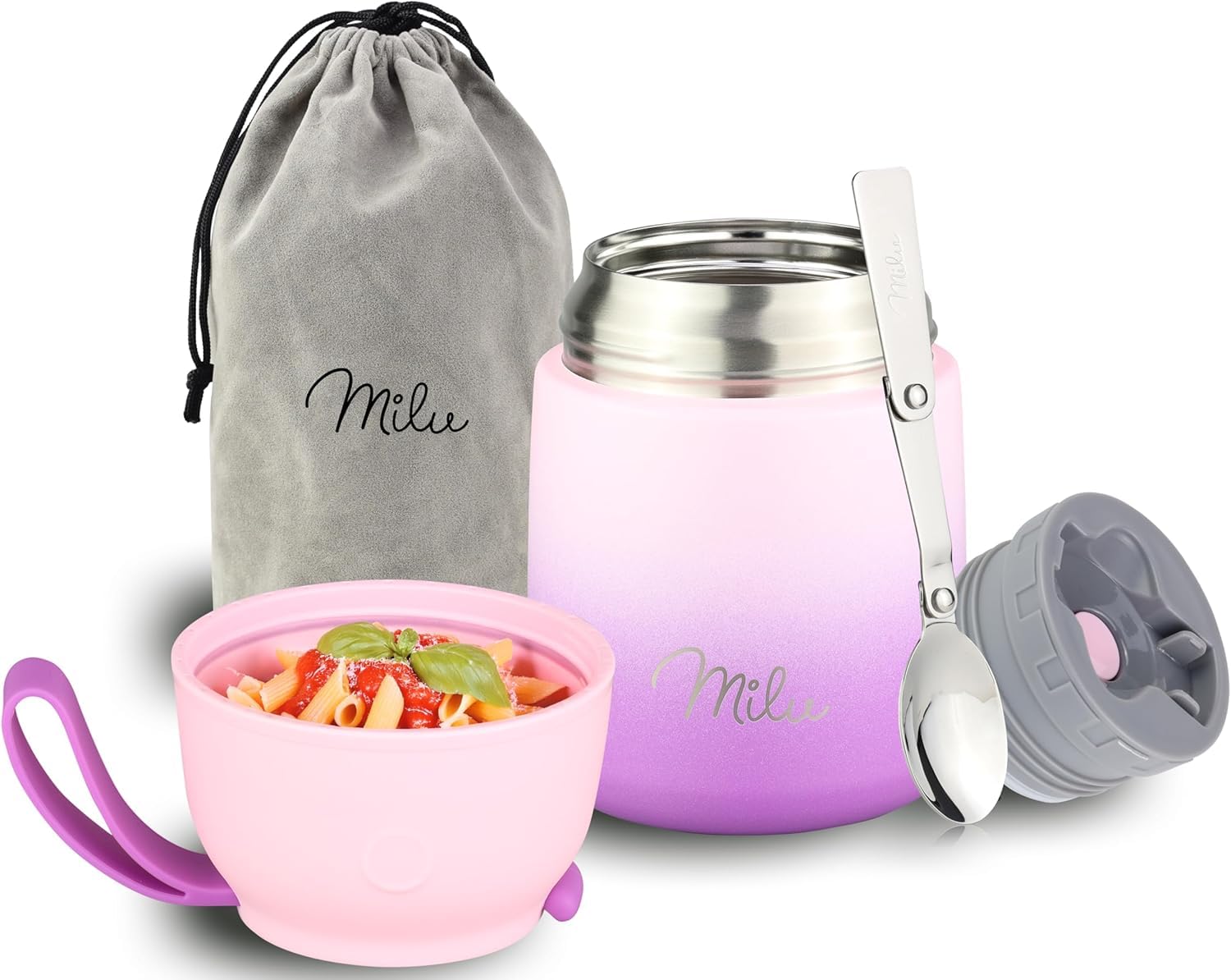 Milu Pink Violet Milu® Thermo Food Flask 450Ml - Stainless Steel Insulated Container - Lunchbox - Jar With Spoon For Hot And Cold Food (, 450Ml)