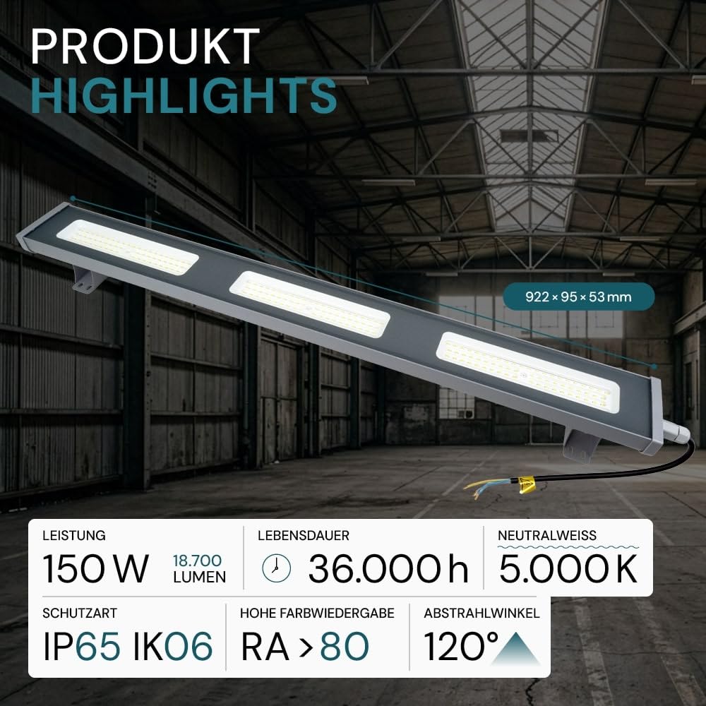 LUXULA LED Hallenstrahler 150W 2 Stück 5000K Neutralweiß 18700lm - Industrie Hallenleuchte für Werkstatt Lager Garage - 120lm/W IP65 IK06 - High Bay Industrielampe Hallenbeleuchtung Deckenleuchte