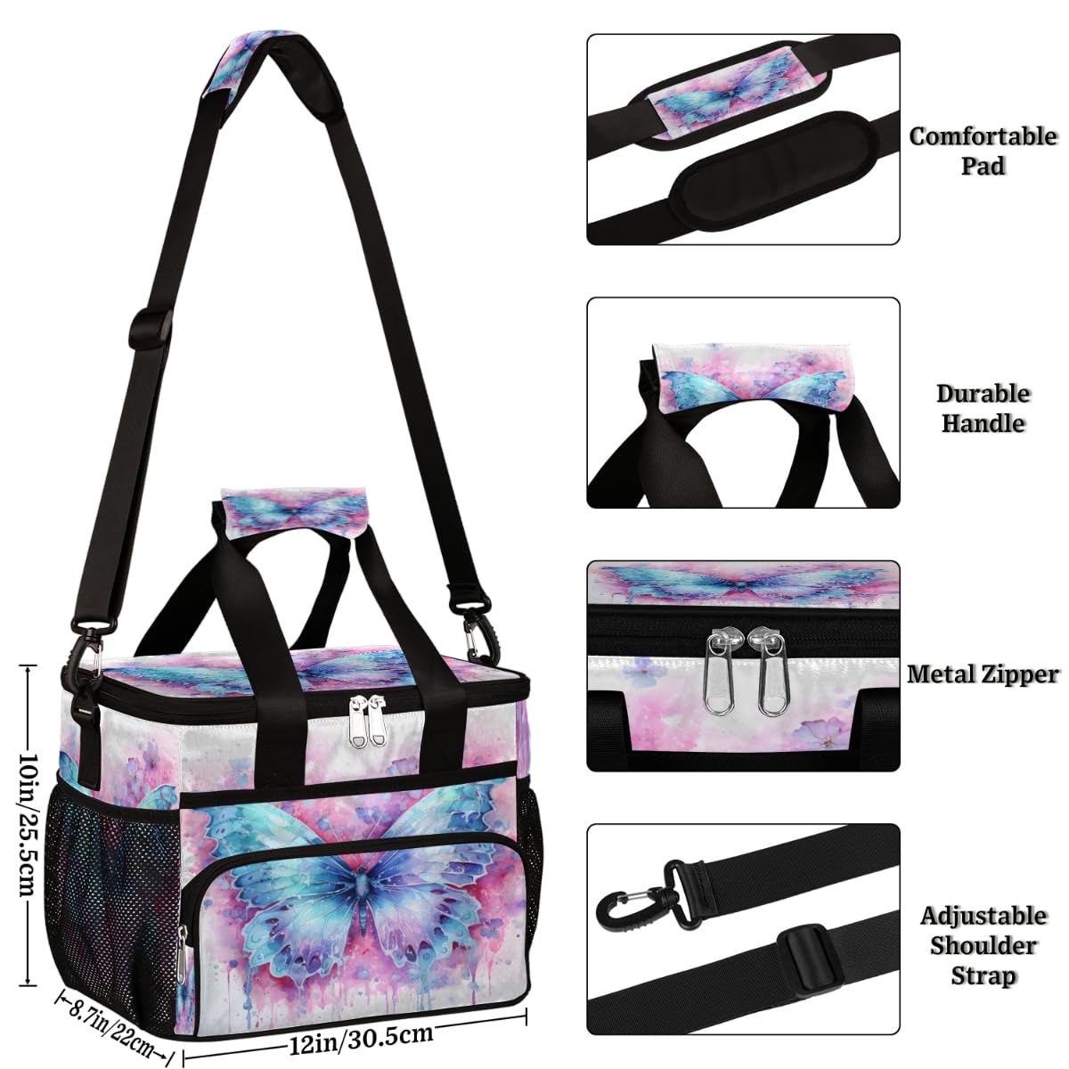 Blue Butterfly Watercolor Insulated Picnic Backpack Lunch Box for Women Men Picnic Basket Tote Lunch Bag Picnic Bag Portable Lunch Bags for Picnic, Beach, Work, Trip,Office, Camp Butterfly