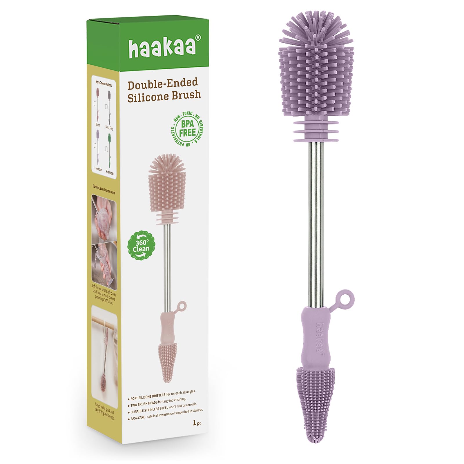 Haakaa Lavender Silicone Cleaning Brush Kit-Baby Bottle Brush Scrubber For Breast Pump,Nipple,Breastmilk Storage Bag,Reusable Straws,Sippy Cup Soft Food Grade Silicone Bristle Portable - 1Pk