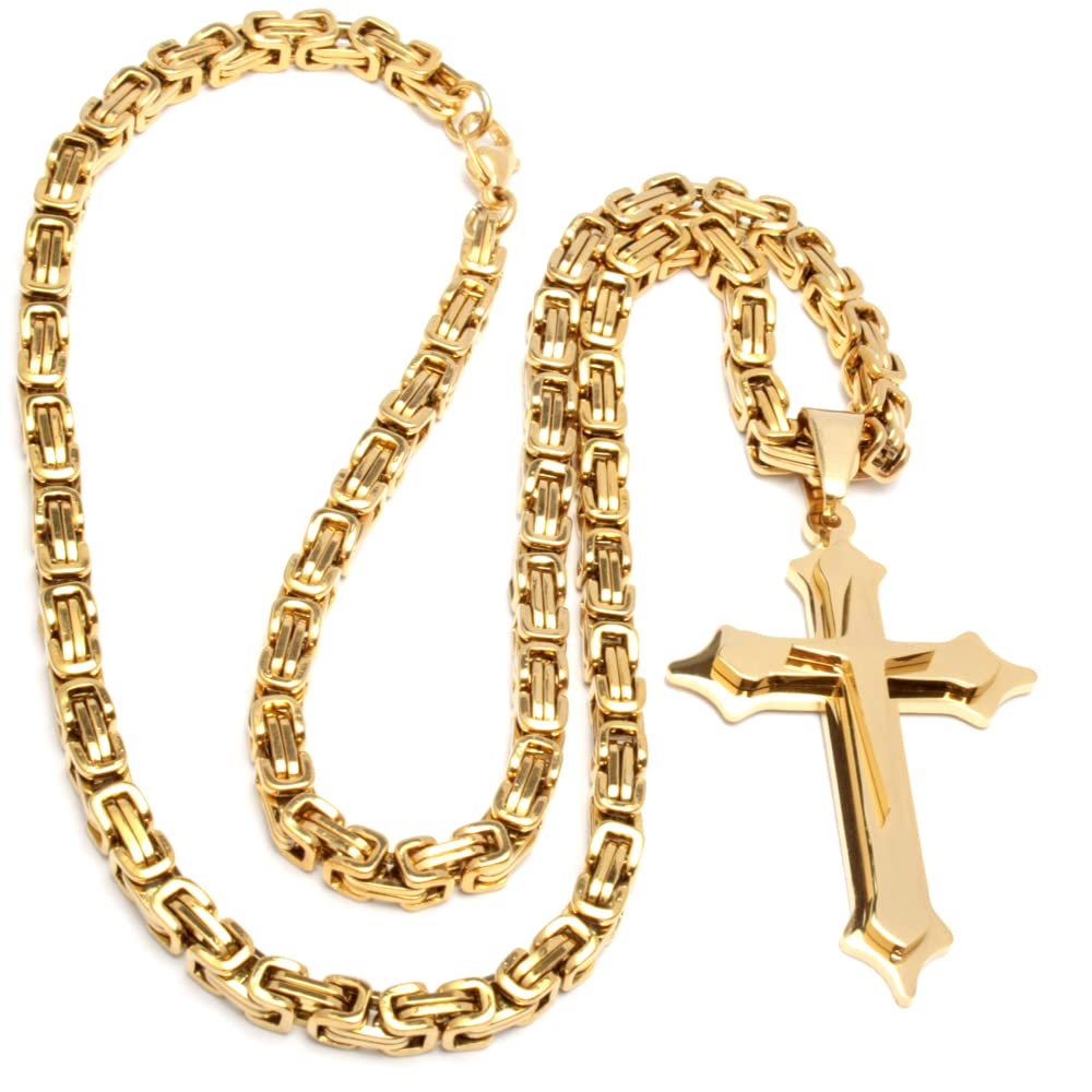Herren Halskette mit großem Kreuz-Anhänger in gold aus hochwertigem 316L Edelstahl vergoldet Königskette Männer Geschenk