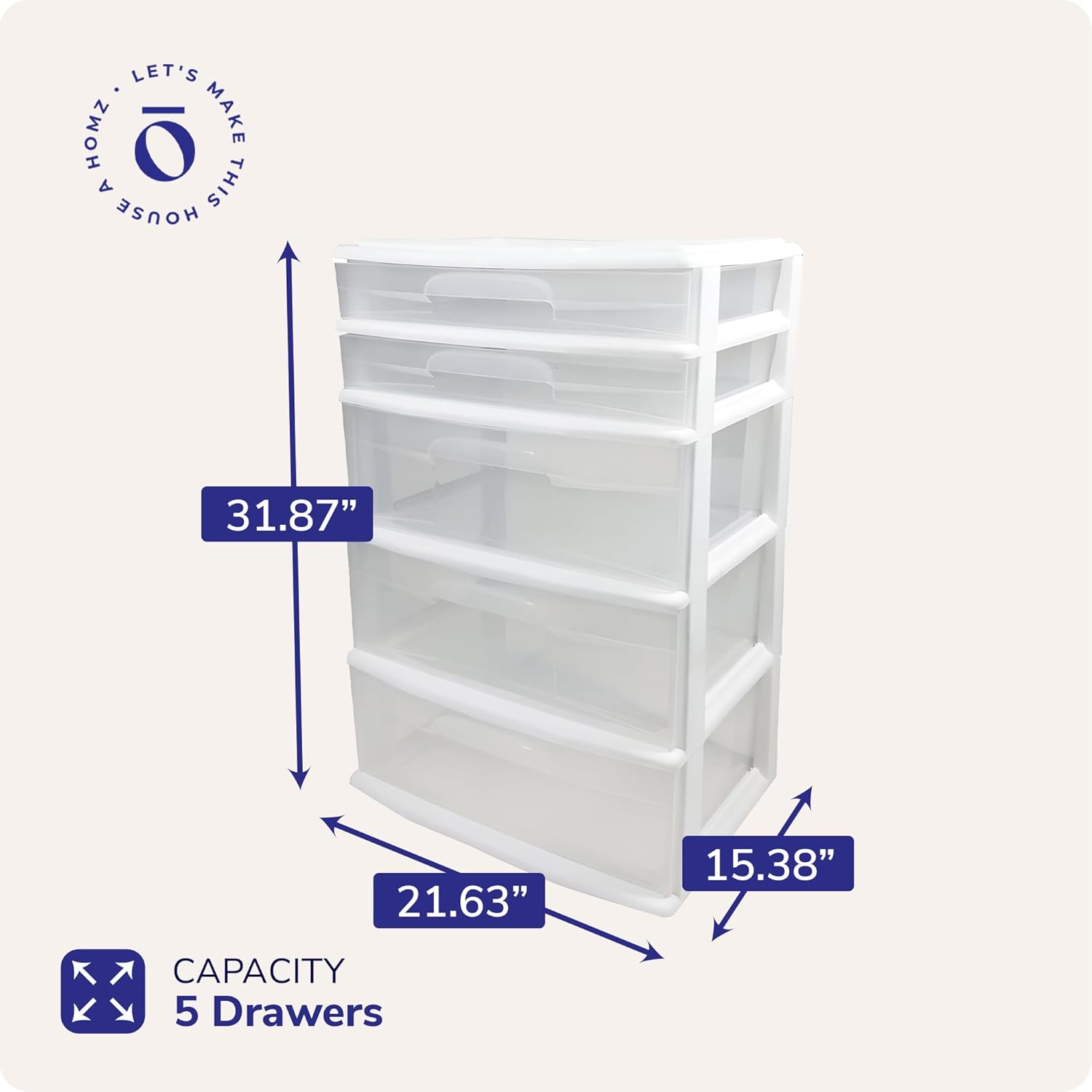 HOMZ Drawer Tower, 5-Tier Extra-Wide Clear Plastic Storage Organizer Cart, White Frame - Organizing Containers for Home, Office, Bathroom, Bedroom, and Classroom
