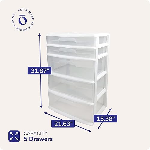 Miniatura 3 de HOMZ Torre de cajón, carrito organizador de almacenamiento de plástico transparente extra ancho de 5 niveles, marco blanco, contenedores