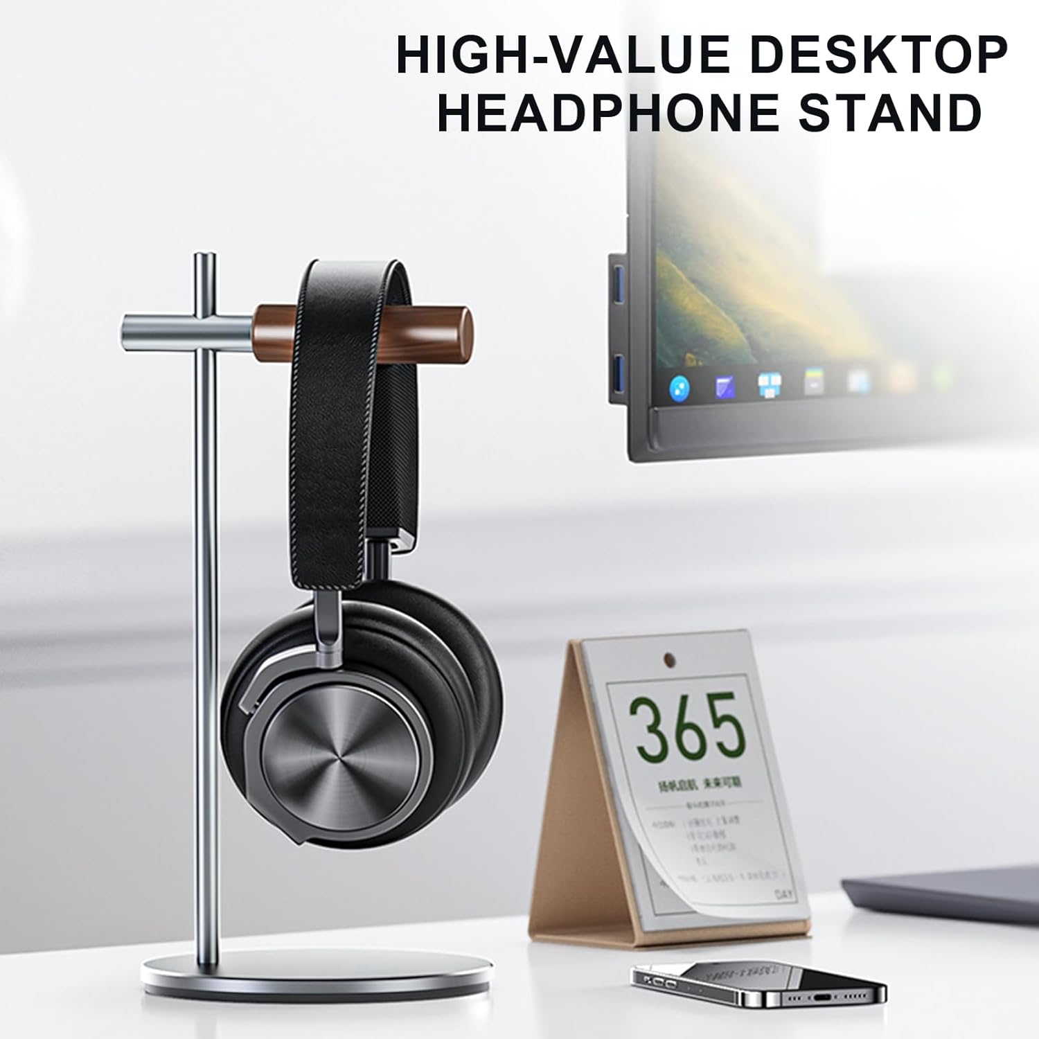Oak Headphone Stand, Wood Headset Stand for Desk, Universal Holder for Airpods max, Bose, Beats, Gaming, Apple Vision Pro, VR Display Stand (Silver)