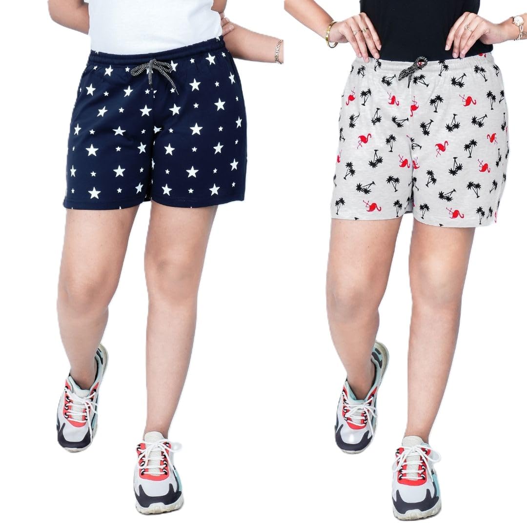 Women's Summer Cotton White Melange & Navy Blue Printed Shorts-Pack of 2-image-48