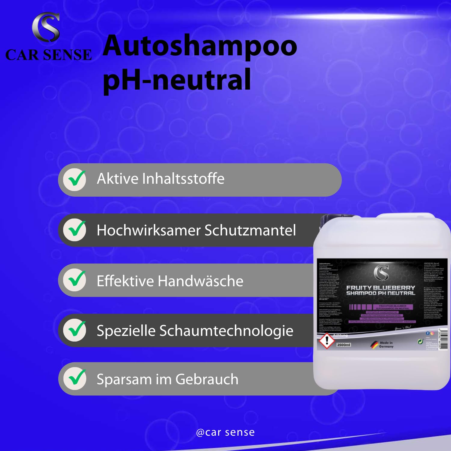 Car Sense Autoshampoo [2500ml] Blueberry, pH-neutral - Effektive Handwäsche für tagelangen Glanz - Autoreiniger, Autowaschmittel, Auto Waschen, Car Wash