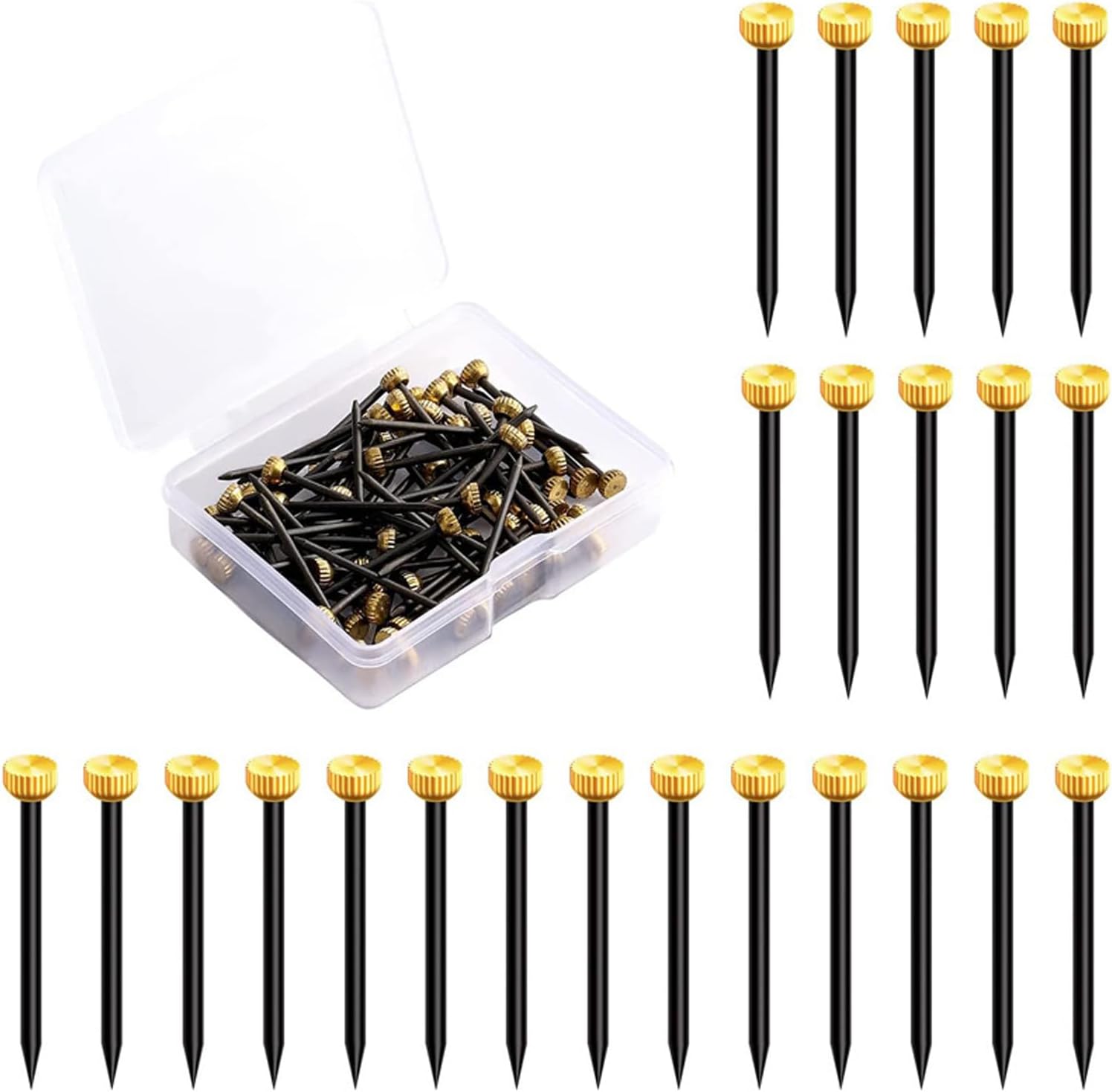 100 PCS Brass Head Nails Black Steel Picture Hanging Pins with Plastic