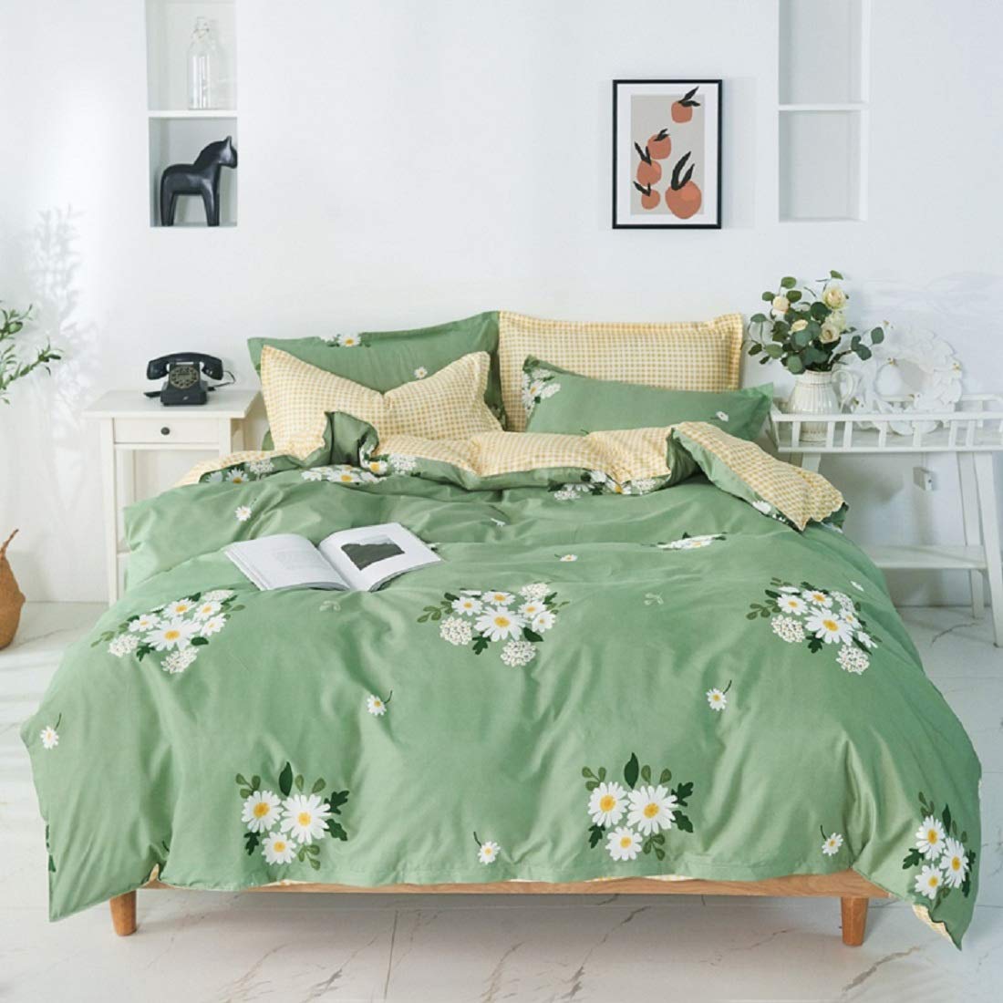 Daisy Duvet Cover Geometric Grids Comforter Cover Green Natural Theme Bedding for Kids Girls Teen Soft Microfiber Reversible Quilt Set Modern Simple Bedspread,1 Duvet Cover with 1 Pillowcase,Twin