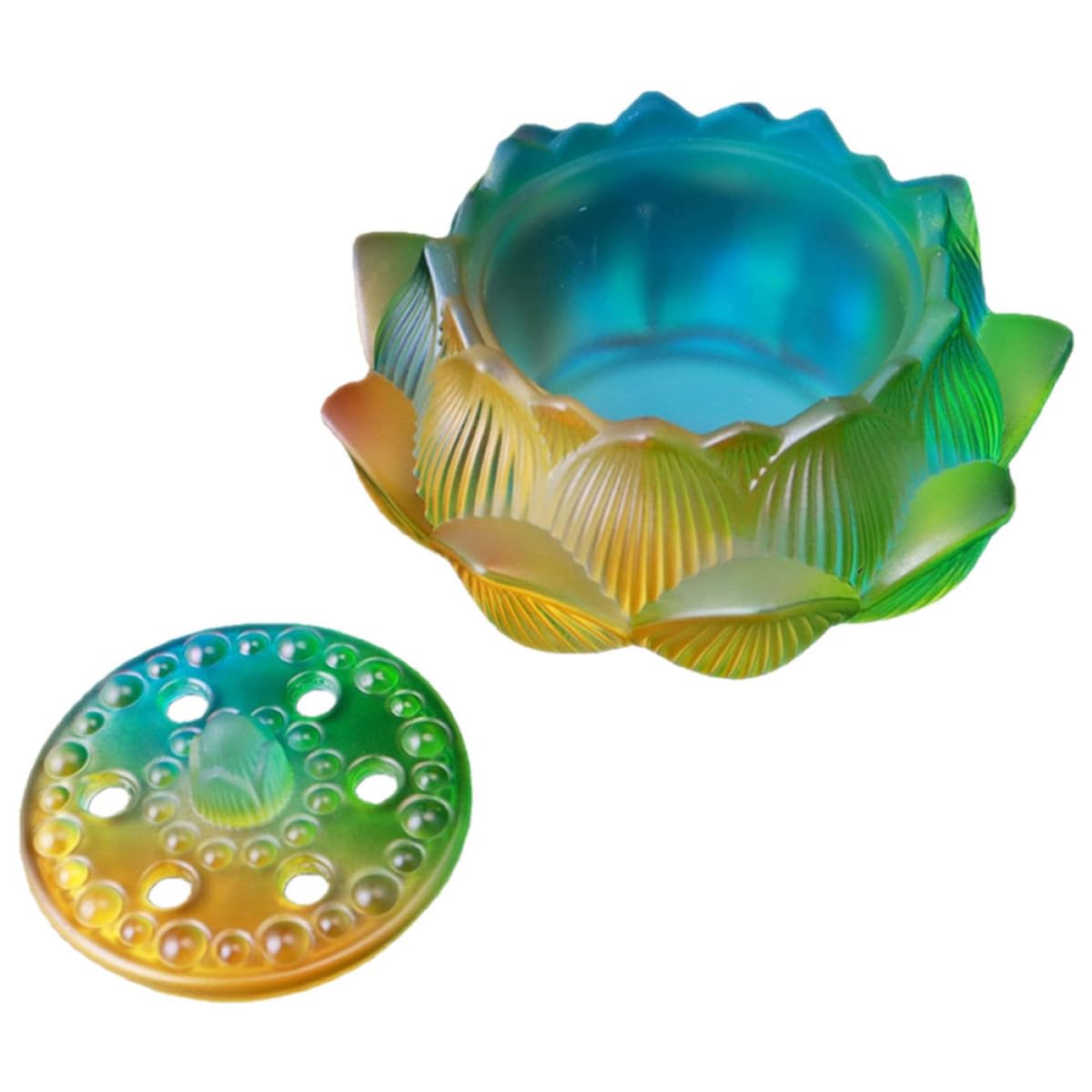 Veemoon Bruciatore di Incenso la Casa in Vetro a Forma di Loto Coperchio, Ornamento da Tavolo Centrotavola Decorativo per Ambienti Interni e Aromaterapia