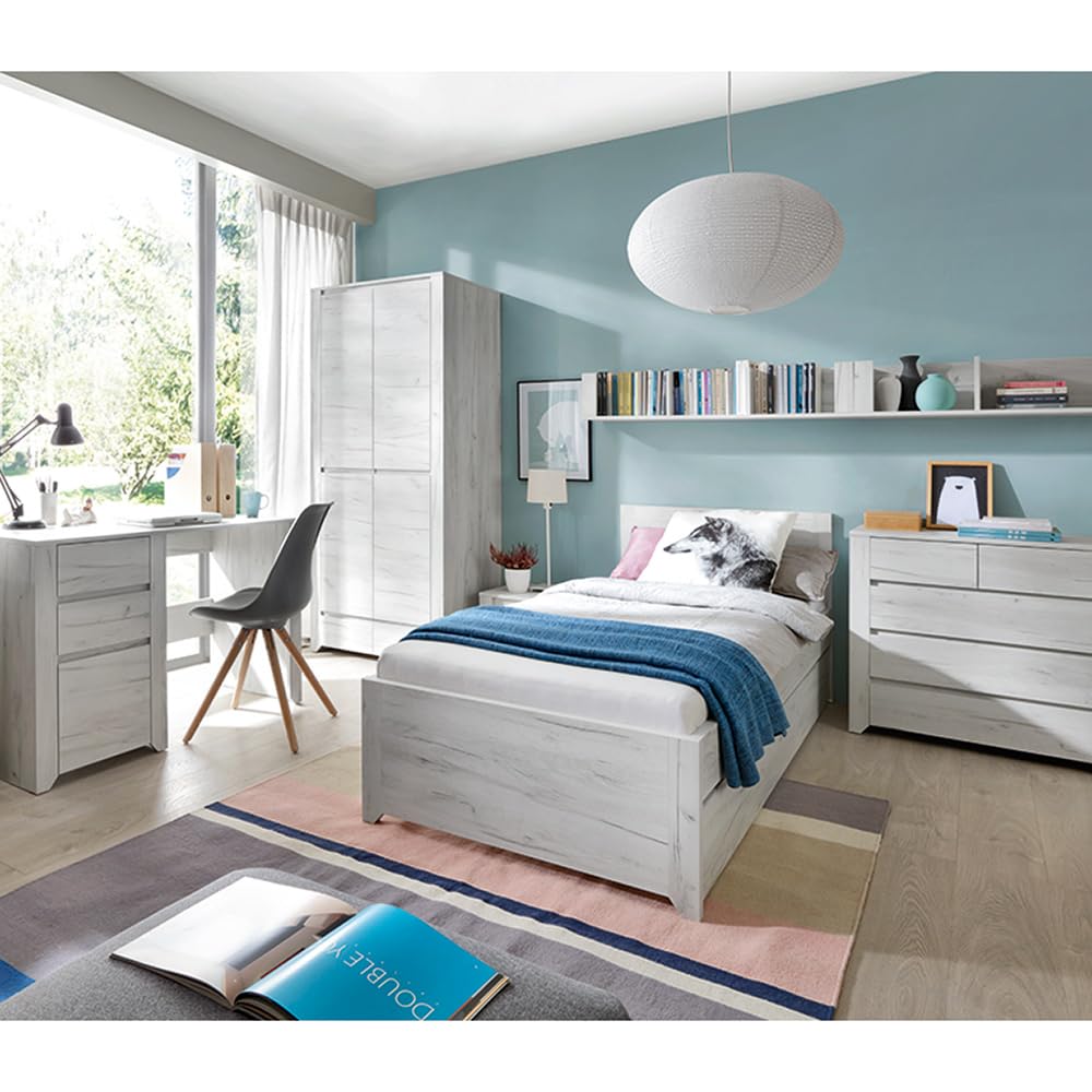 Lomadox Jugendzimmer Set 7-teilig mit Bett 90x200, Schreibtisch, Kleiderschrank, 2 Wandregale, Kommode, Nachttisch in Craft Eiche weiß Modern