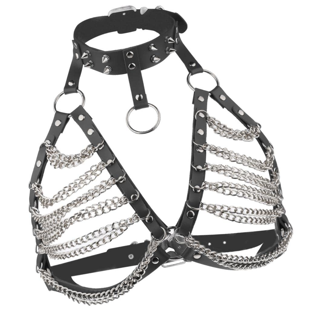 Women Punk Chain Leather Harness Adjustable Cage Bra Black+Silver Chain-image-16