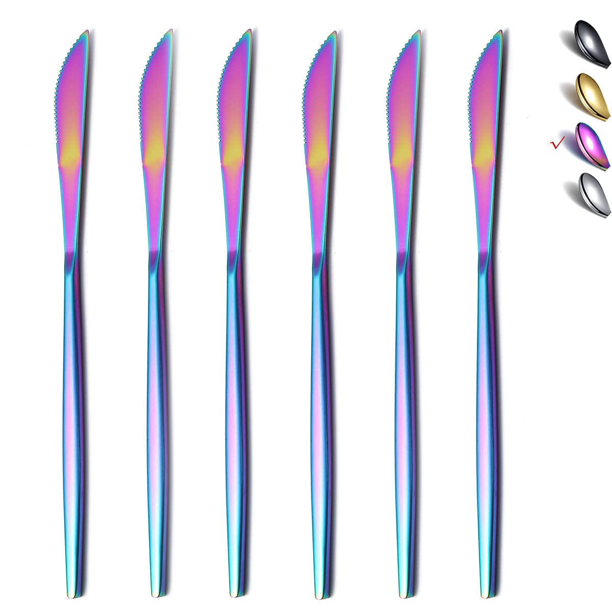 HOMQUEN Dinner Knives 6 Piece, Stainless Steel Matt Rainbow Dinner Knife, Sturdy butter knife, Modern Design butter knives, Dishwasher Safe (Matt Colorful-8.9 Inch)