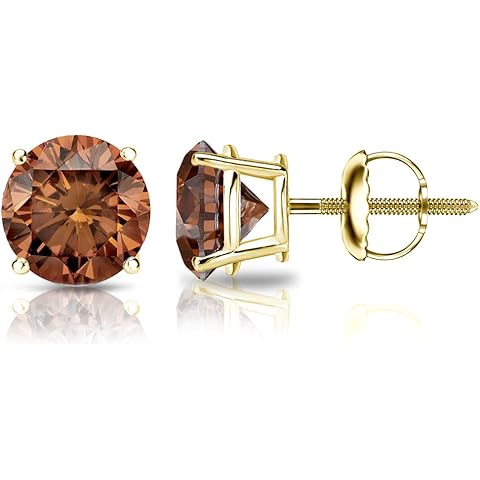 14k Yellow Gold Round Brown Diamond 4-Prong Basket Stud Earrings (1/4-2 ct, Brown, SI2-I1) Screw-Back