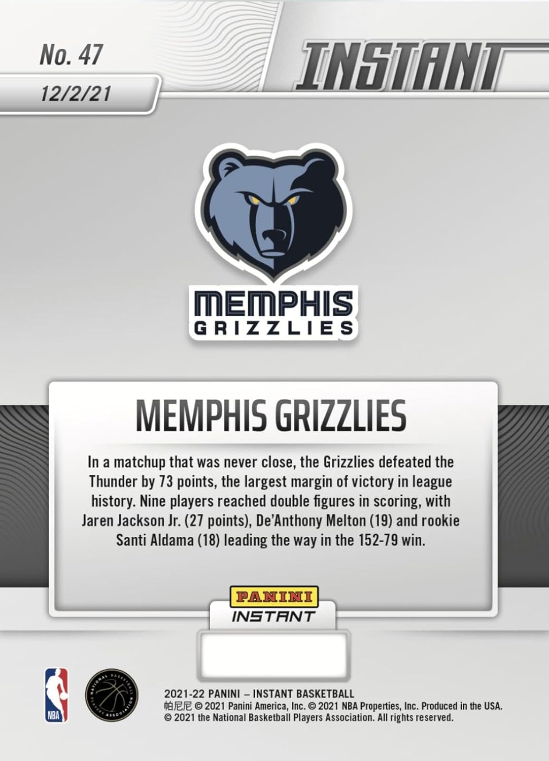Memphis Grizzlies Largest Margin Of Victory Nba History Panini Instant Card #47 - Unsigned Basketball Cards