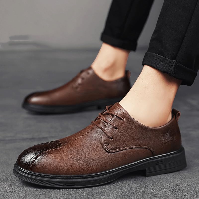 Dress Oxford for Men Leather Plain Toe Prom Party Anti-Slip Non Slip Rubber Sole Block Heel Shoe Lace-up2